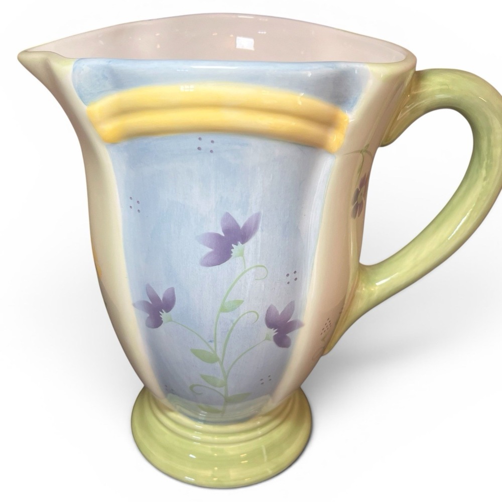 Debbie Mumm Summer Floral Pitcher Vase Purple Yellow Stripe Cottagecore